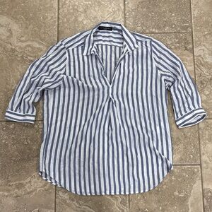 PIETRO BRUNELLI Women's Blue Striped Tencel Relaxed Fit Designer Shirt Blouse M